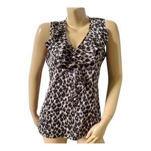ANN TAYLOR Womens Size 10 Sleeveless Animal Print Ruffled V Neck Tank Top Shirt